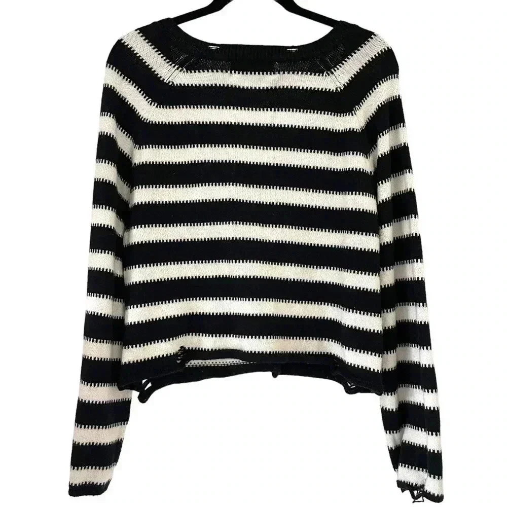 Wildfox Distressed Striped Vneck Sweater Black White